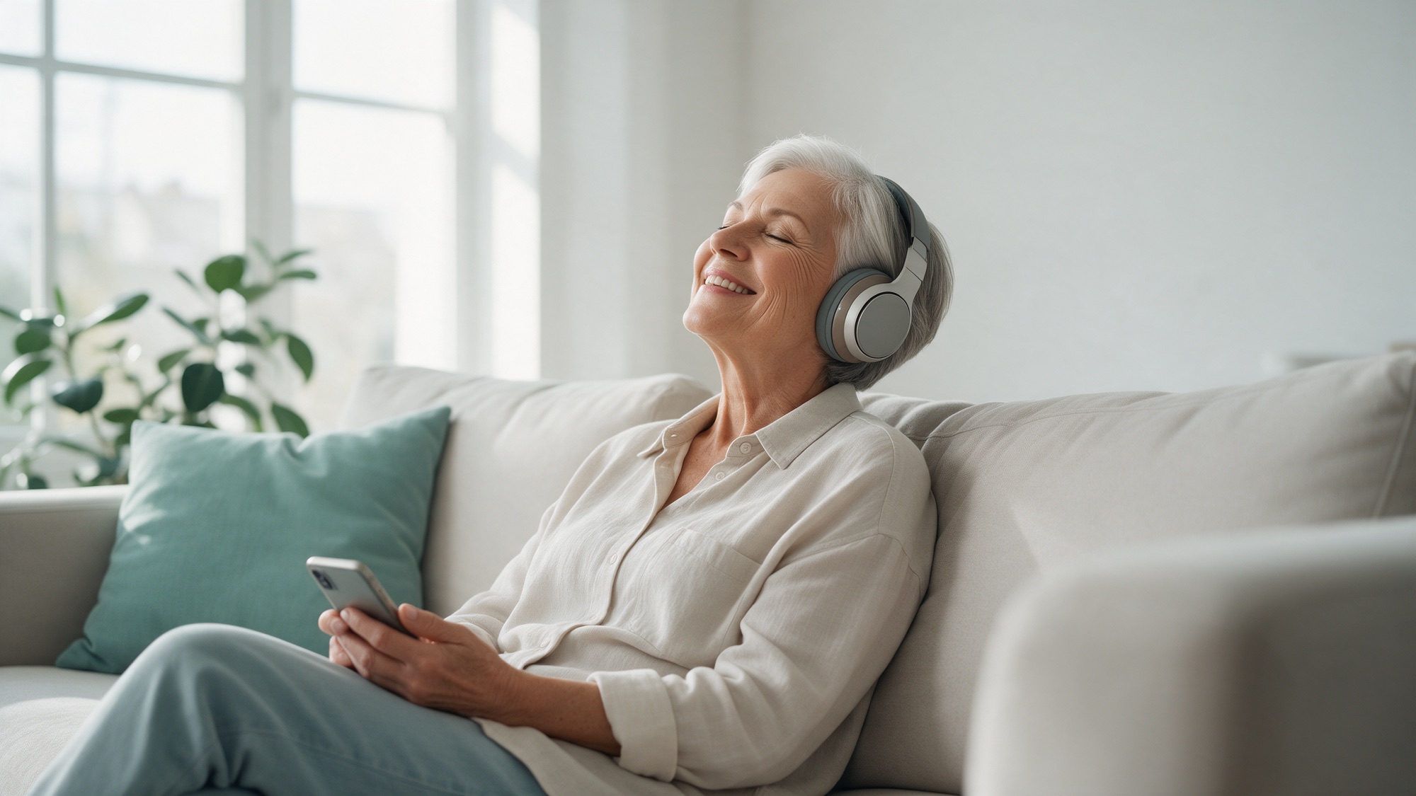 Lächelnde Seniorin mit Kopfhörern und Smartphone, entspannt auf einem Sofa sitzend, die Augen geschlossen.